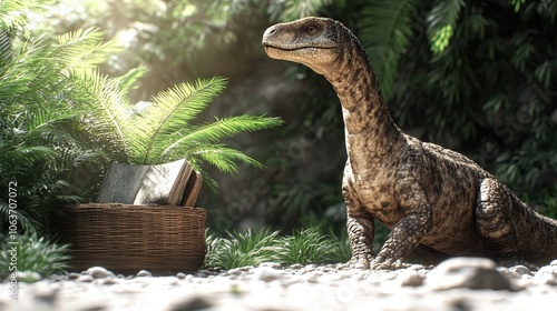 a tiny dinosaur wandering on the sands in a tropical forest