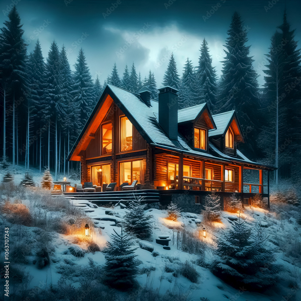 Fototapeta premium house on the edge of a winter forest covered with snow with glowing holiday windows and lights