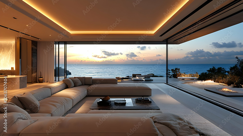 Modern Living Room with Ocean View Illustration Modern Living Room with Ocean View Illustration