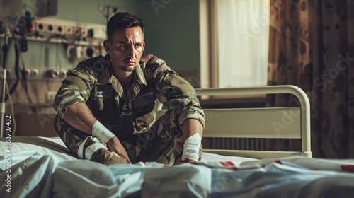 Soldier sitting on hospital bed, bandaged and determined, focused on recovery and resilience, amidst medical equipment.