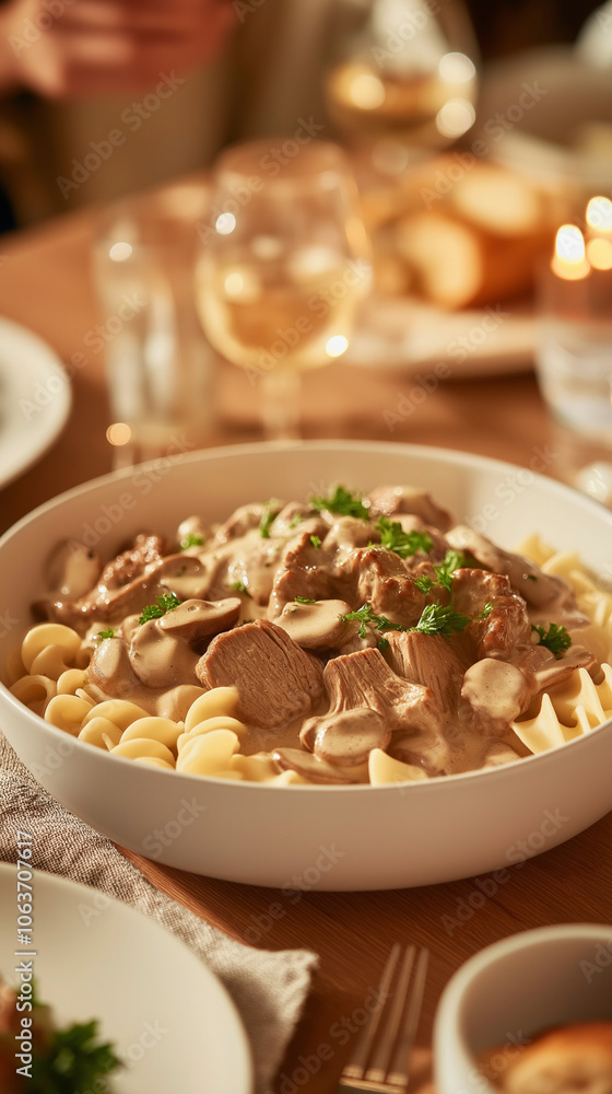 A bowl of beef stroganoff with tender beef slices, mushrooms, and egg noodles in creamy sauce, garnished with parsley. The cozy dining table is set with plates and glasses, bathed in warm light. A bowl of beef stroganoff with tender beef slices, mushrooms, and egg noodles in creamy sauce, garnished with parsley. The cozy dining table is set with plates and glasses, bathed in warm light.