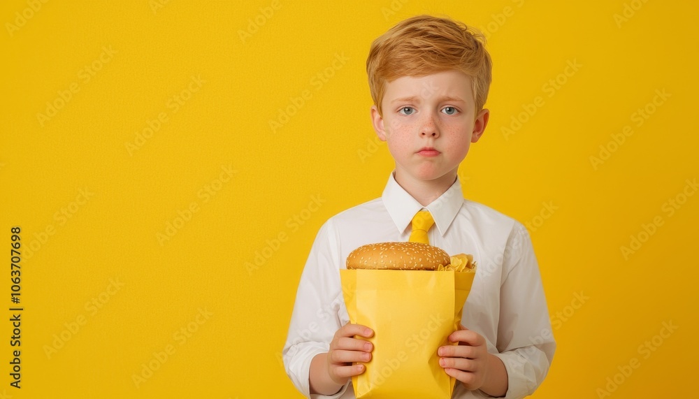 A serious young boy in a white shirt and yellow tie holds a yellow bag of food against a bright yellow background. A serious young boy in a white shirt and yellow tie holds a yellow bag of food against a bright yellow background.