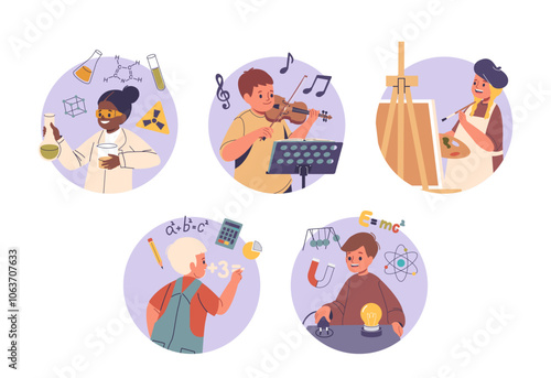 Round Icons or Avatars of School Children Enthusiastically Engaged In Learning Various Subjects Such As Science, Music