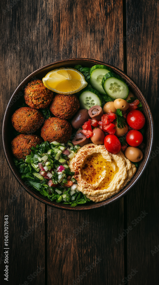 A Mediterranean-inspired Buddha bowl with homemade falafel, tabbouleh, hummus, olives, cherry tomatoes, and cucumber, garnished with a lemon wedge. Natural, warm lighting enhances the vibrant colors 