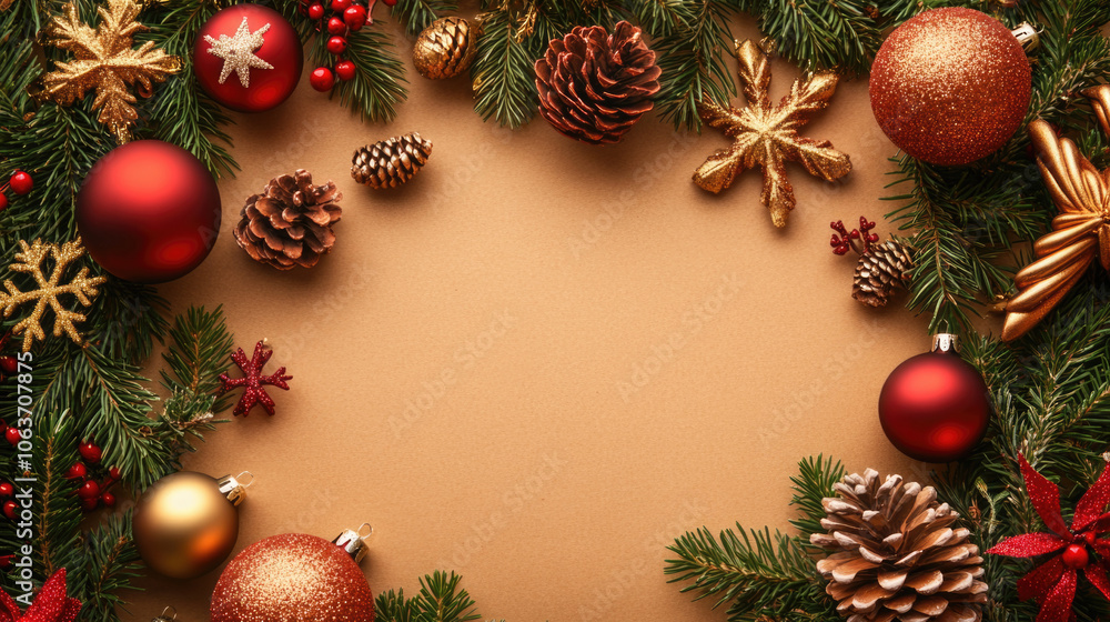 A beautifully arranged Christmas-themed decor showcases a collection of pine cones, ornaments, and evergreen branches, capturing the spirit of the holiday season. A beautifully arranged Christmas-themed decor showcases a collection of pine cones, ornaments, and evergreen branches, capturing the spirit of the holiday season.