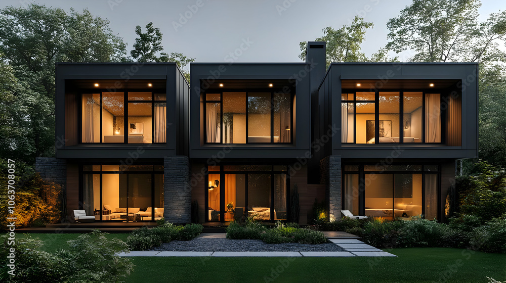 Modern Black House with Large Windows - 3D Illustration Modern Black House with Large Windows - 3D Illustration