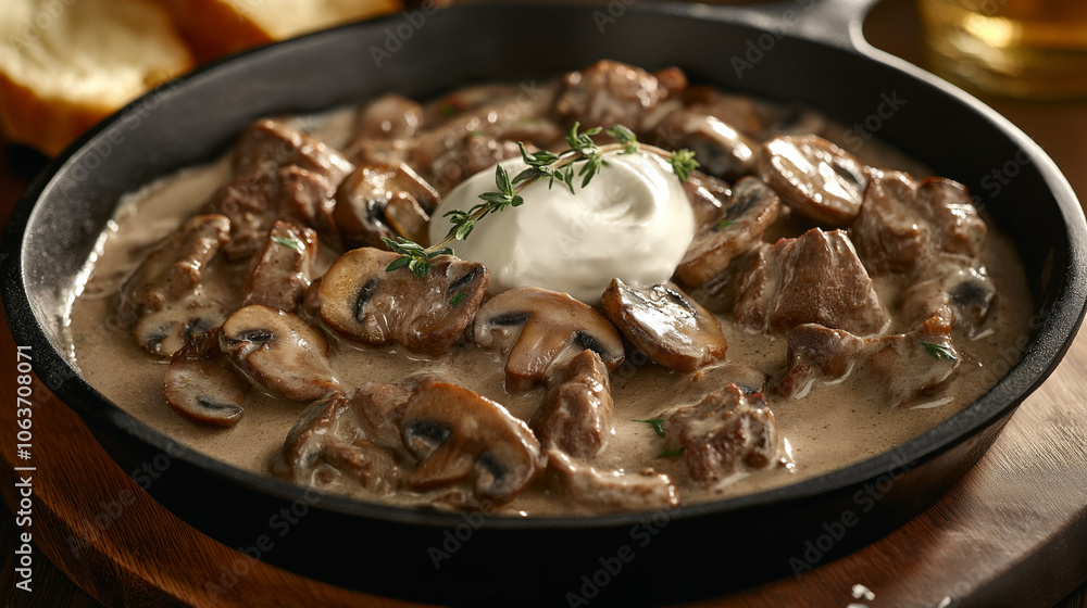 A rustic iron skillet filled with creamy beef stroganoff, featuring tender beef and golden mushrooms. Topped with thyme and sour cream, it's served on a wooden board with crusty bread. A rustic iron skillet filled with creamy beef stroganoff, featuring tender beef and golden mushrooms. Topped with thyme and sour cream, it's served on a wooden board with crusty bread.