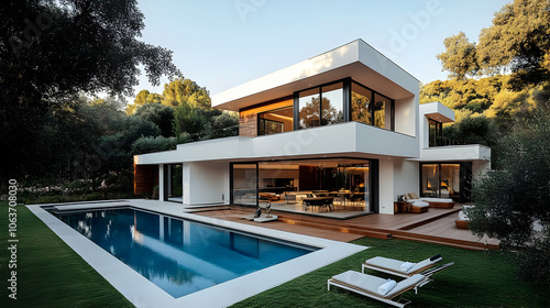 Modern White House with Pool and Deck - Illustration