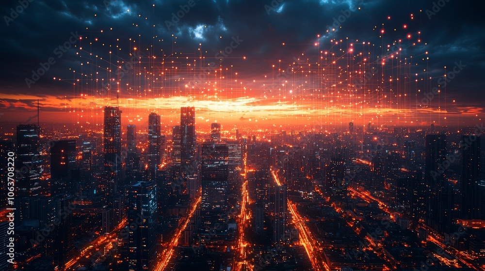 A breathtaking view of a modern city's skyline immersed in a digital grid pattern as the sun sets, highlighting the fusion of technology and urban life. A breathtaking view of a modern city's skyline immersed in a digital grid pattern as the sun sets, highlighting the fusion of technology and urban life.