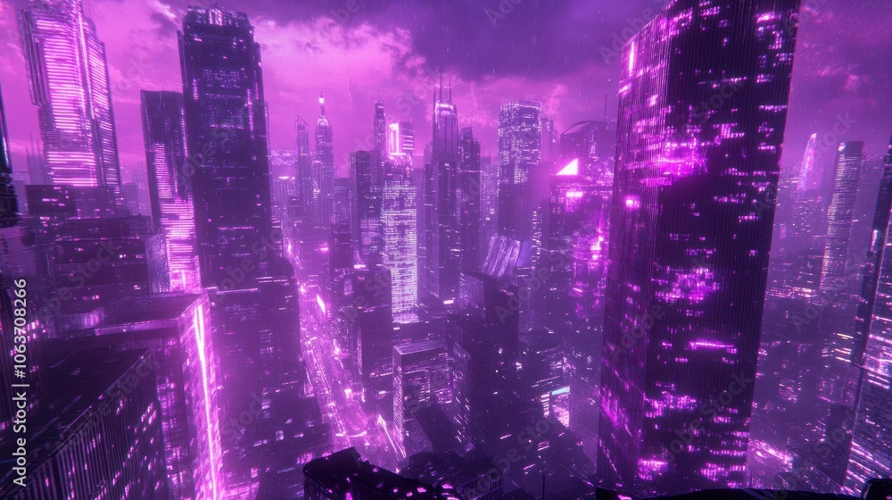 Obraz premium A futuristic city skyline with neon lights and towering skyscrapers bathed in a purple hue.