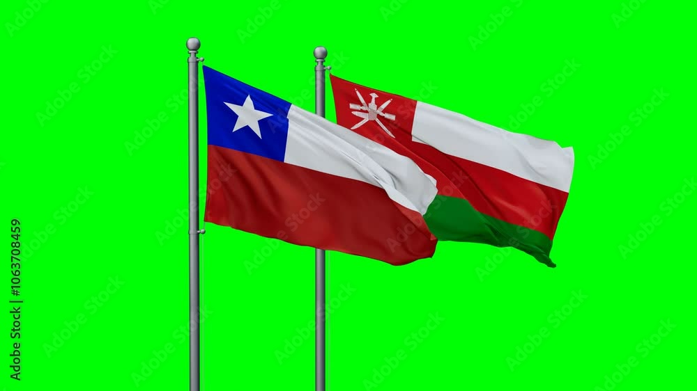 Oman and Chile flags flying together, video concept of the relationship with colored chroma key for easy background remove, two country cooperation concept Oman and Chile flags flying together, video concept of the relationship with colored chroma key for easy background remove, two country cooperation concept