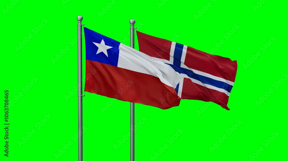 Norway and Chile flags flying together, video concept of the relationship with colored chroma key for easy background remove Norway and Chile flags flying together, video concept of the relationship with colored chroma key for easy background remove