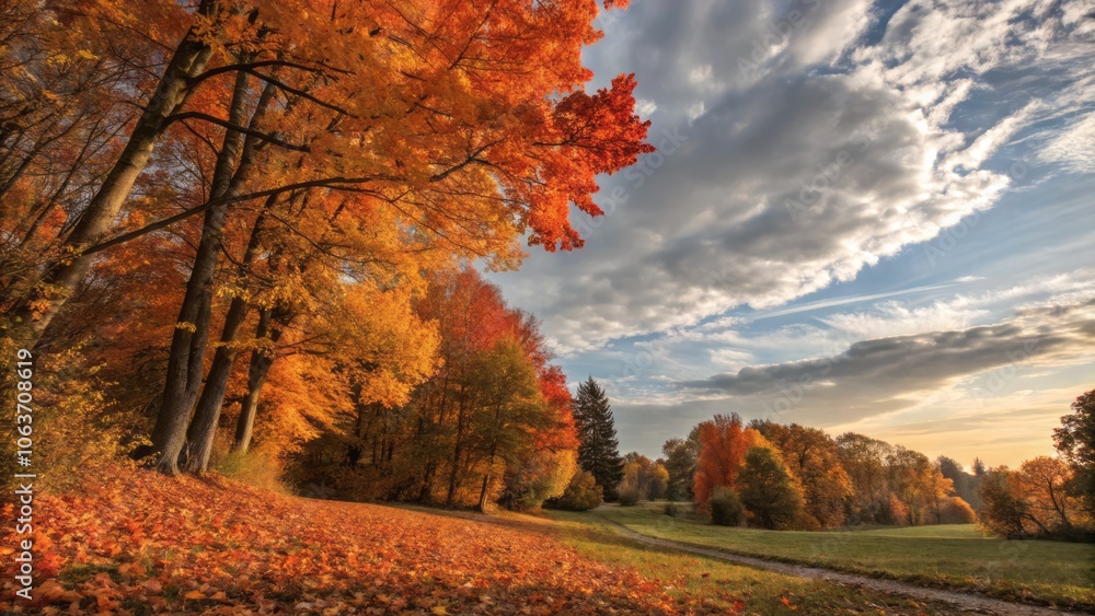 Breathtaking Autumn Landscape with Fiery Orange Foliage Under a Vast and Sprawling Sky at Dusk Breathtaking Autumn Landscape with Fiery Orange Foliage Under a Vast and Sprawling Sky at Dusk