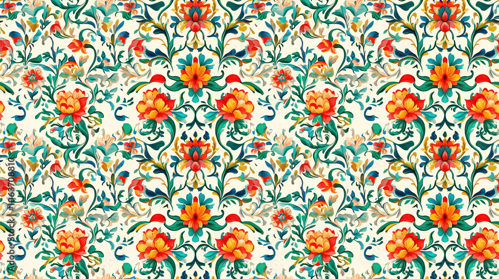 Seamless pattern featuring ethnic motifs with Mughal art floral designs and intricate baroque elements for modern textile applications Seamless pattern featuring ethnic motifs with Mughal art floral designs and intricate baroque elements for modern textile applications