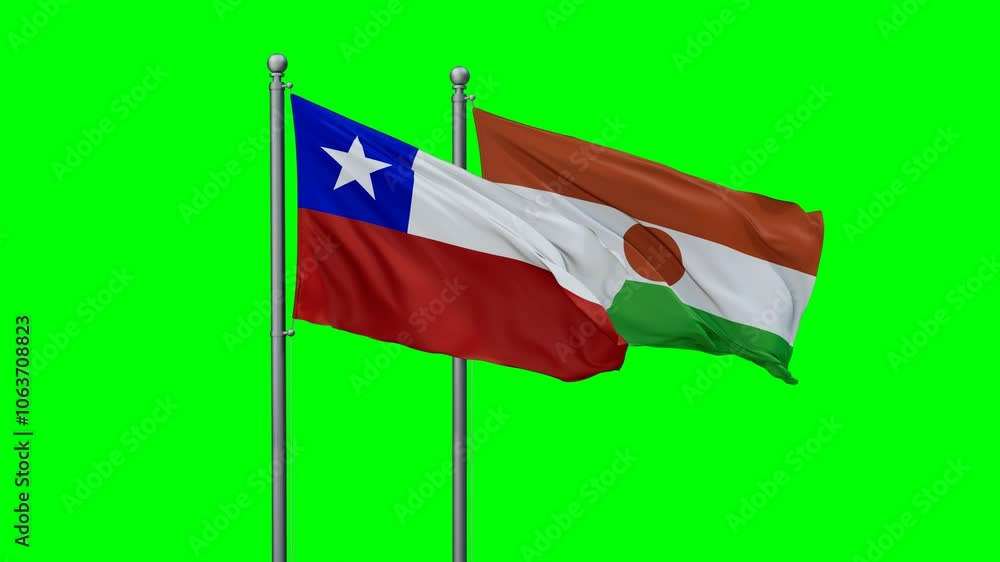 Niger and Chile flags flying together, video concept of the relationship with colored chroma key for easy background remove Niger and Chile flags flying together, video concept of the relationship with colored chroma key for easy background remove