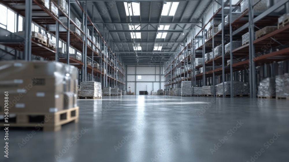 Modern Indoor Warehouse with Organized Shelves Modern Indoor Warehouse with Organized Shelves