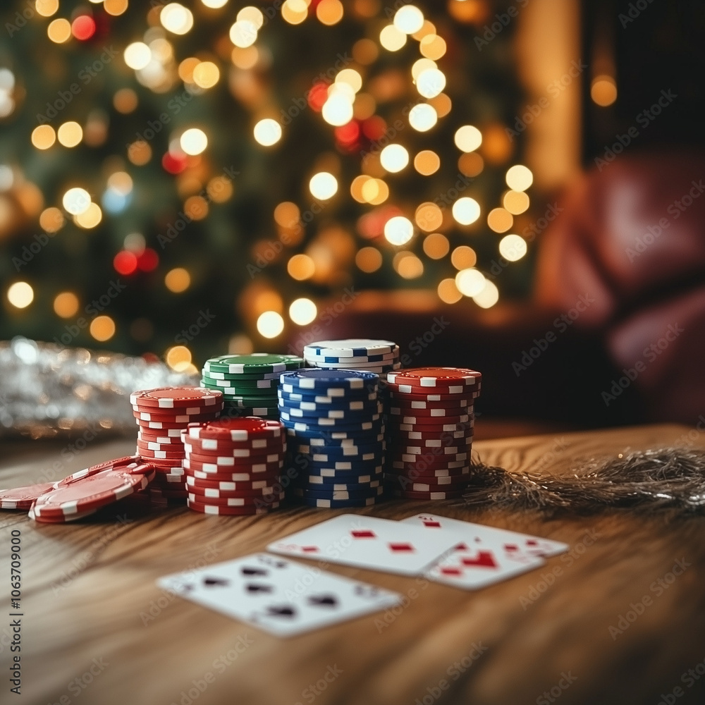 Poker game in festive atmosphere. Home party. Stacks of green, blue, and red poker chips on table. Christmas tree, festive atmosphere, blurred lights Poker game in festive atmosphere. Home party. Stacks of green, blue, and red poker chips on table. Christmas tree, festive atmosphere, blurred lights
