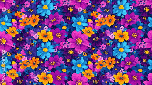Seamless pattern of abstract flowers in a vibrant acrylic style ideal for textiles and design projects
