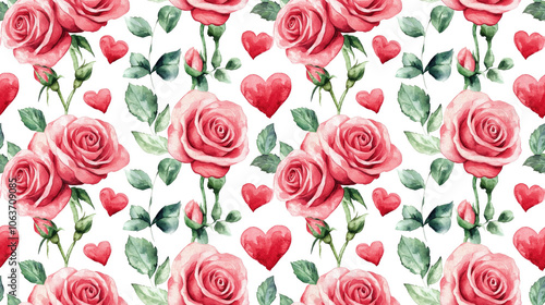 Watercolor seamless pattern featuring delicate pink roses lush green leaves and whimsical hearts perfect for wrapping paper fabric design and greeting cards