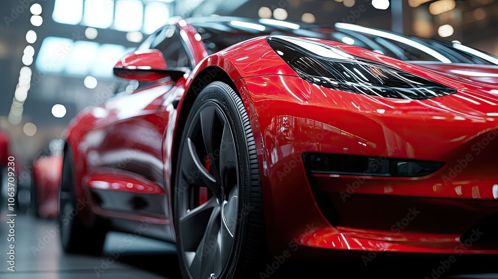 Naklejka premium Close-up of a Red Electric Car with Black Wheels