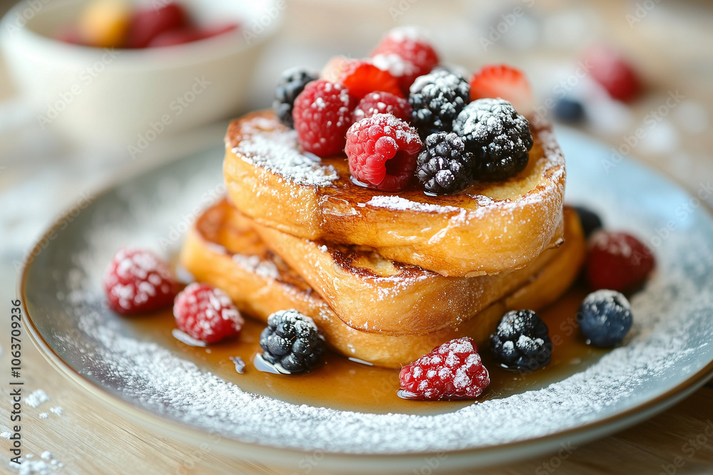 Classic French Toast Topped with Powdered Sugar, Fresh Berries, and Maple Syrup, Sweet Breakfast Delight Classic French Toast Topped with Powdered Sugar, Fresh Berries, and Maple Syrup, Sweet Breakfast Delight