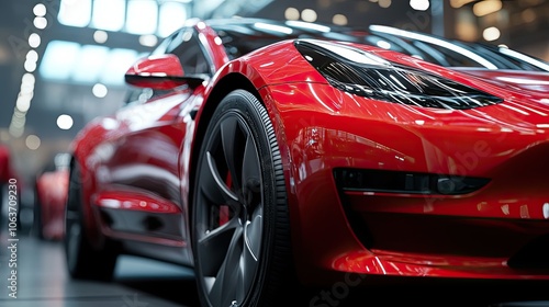 Close-up of a Red Electric Car with Black Wheels