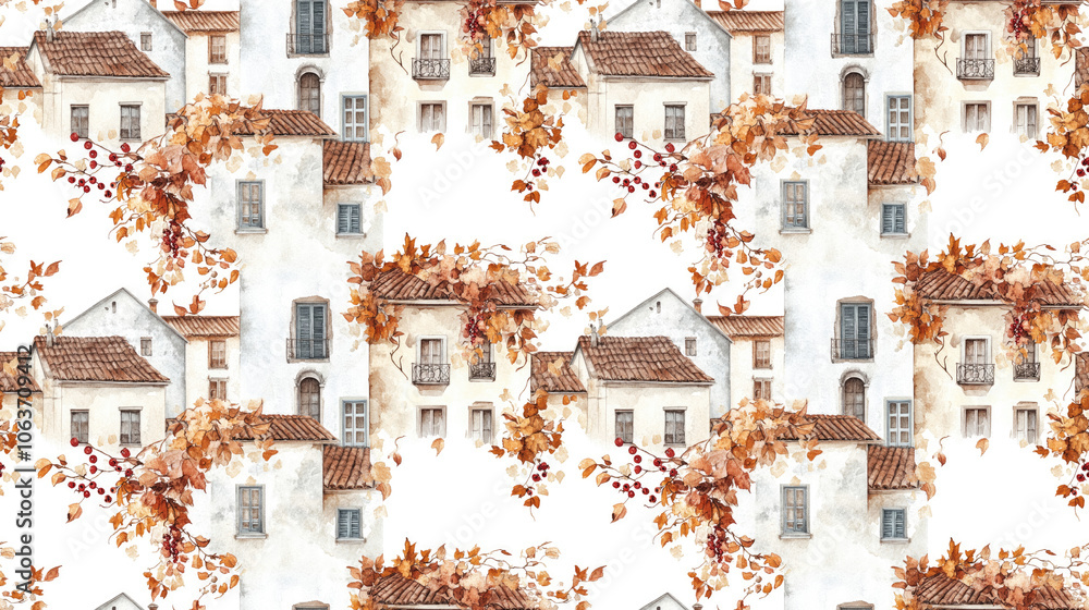 Seamless watercolor pattern of old European town street facades adorned with dry vines and berries perfect for travel themed designs Seamless watercolor pattern of old European town street facades adorned with dry vines and berries perfect for travel themed designs