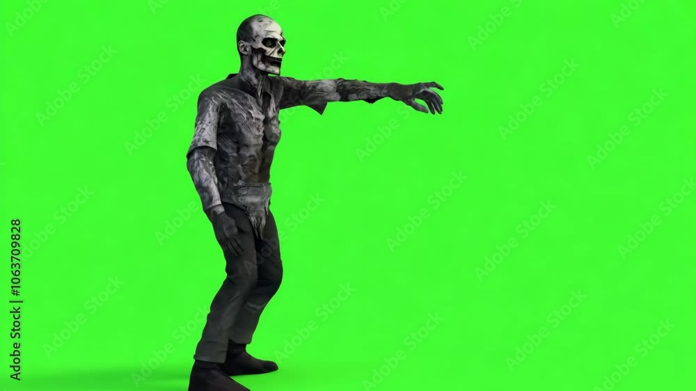 A 3D animated zombie character with a decayed, eerie look on a green background. This character is perfect for spooky animations or Halloween-themed videos, featuring a creepy appearance with exaggera A 3D animated zombie character with a decayed, eerie look on a green background. This character is perfect for spooky animations or Halloween-themed videos, featuring a creepy appearance with exaggera