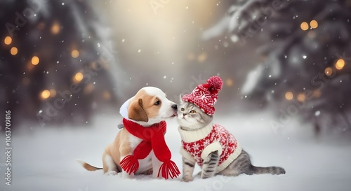 Concetto di inverno, freddo e feste di Natale: cuccioli di cane e gatto in un bosco con neve e ghiaccio al freddo