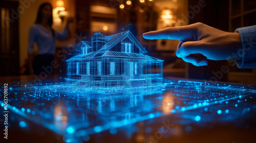 Futuristic House Model Hologram Displayed on Digital Screen on Table in Real Estate Office