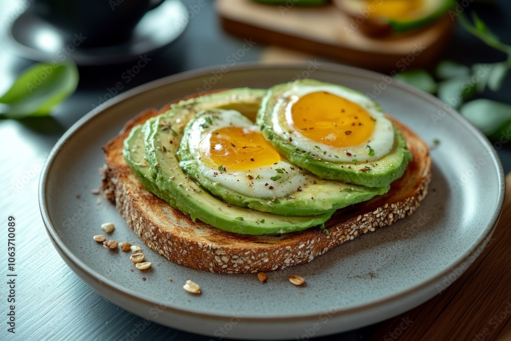 Healthy breakfast with avocado toast, fried eggs and coffee Healthy breakfast with avocado toast, fried eggs and coffee