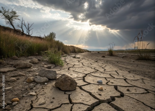 Desolate Landscape of Cracked Earth and Scattered Stones in Naturalistic Style, Evoking Isolation