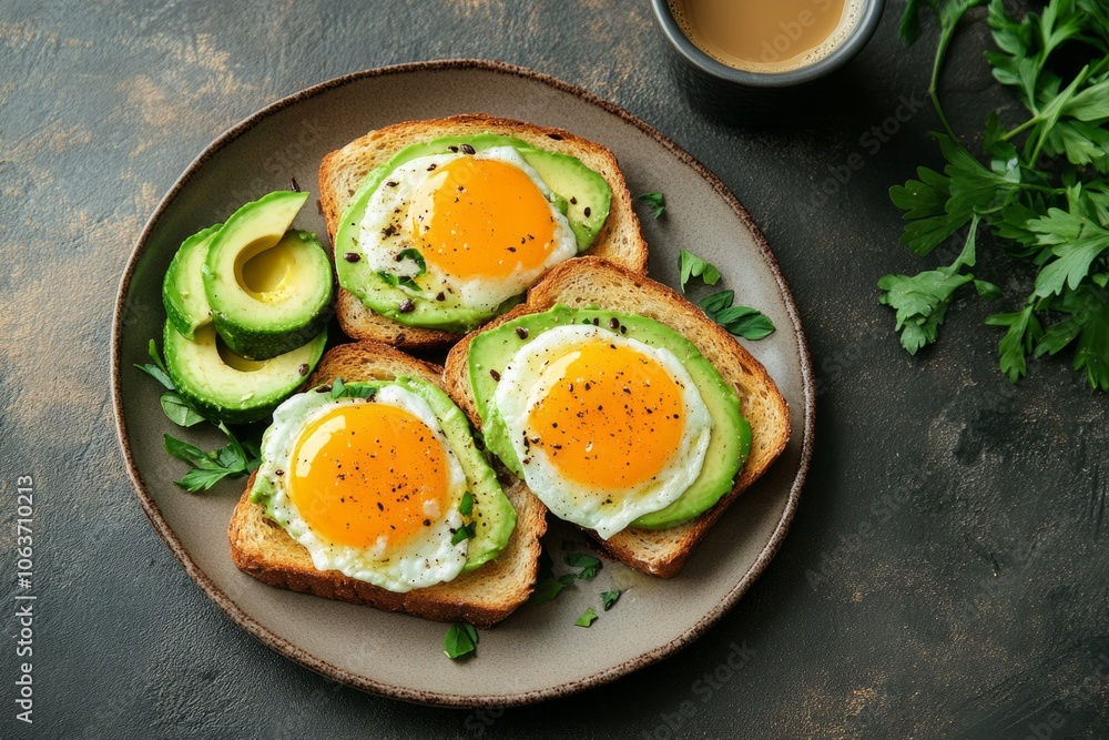 Healthy breakfast with avocado toast, fried eggs and coffee Healthy breakfast with avocado toast, fried eggs and coffee
