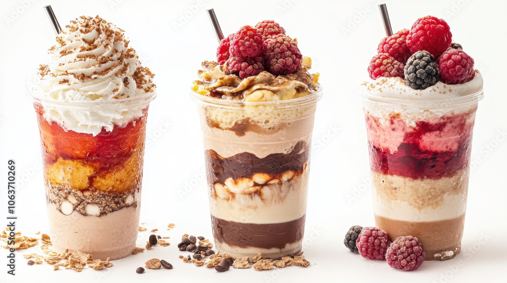Delicious dessert cups filled with layers of whipped cream, fruits, and chocolate, showcasing vibrant colors and textures. Perfect for sweet treat or celebration! Delicious dessert cups filled with layers of whipped cream, fruits, and chocolate, showcasing vibrant colors and textures. Perfect for sweet treat or celebration!