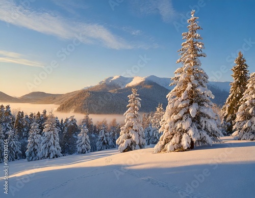 Malerische Winterlandschaft mit schneebedeckten Tannen und Bergen im Morgenlicht photo