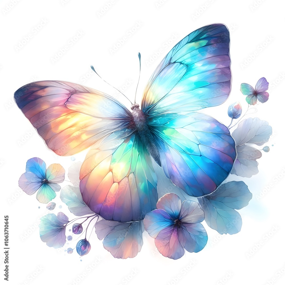 Obraz premium 오로라 색상의 날개를 가진 나비, 수채화 (a butterfly with aurora-colored wings, water colour) 