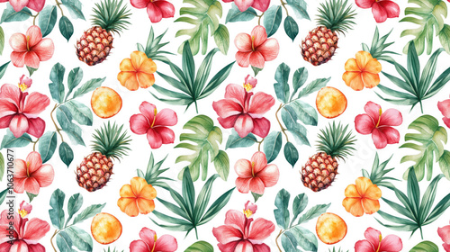 Thailand inspired seamless pattern featuring vibrant watercolor illustrations of traditional motifs and tropical elements