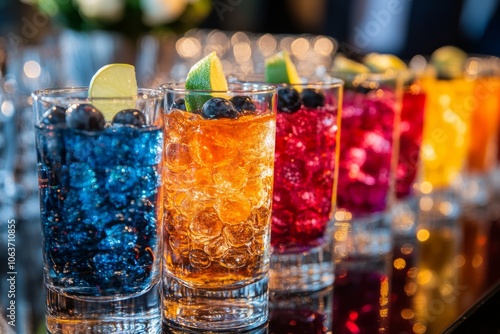 Bartender preparing colorful cocktails with edible flowers and mint for a summer party