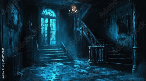 A spooky, dimly lit hallway with a grand staircase and a window that lets in a ghostly blue light.