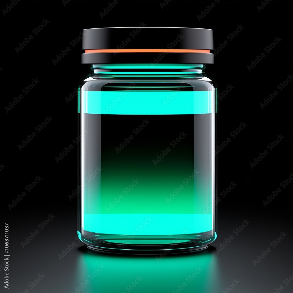 A glass jar containing a glowing turquoise liquid with a black lid. A glass jar containing a glowing turquoise liquid with a black lid.