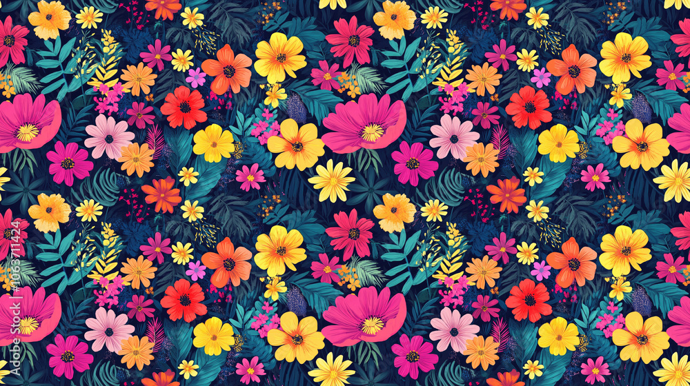 Vibrant seamless pattern featuring an array of colorful flowers and leaves with diverse textures perfect for textiles and home decor Vibrant seamless pattern featuring an array of colorful flowers and leaves with diverse textures perfect for textiles and home decor
