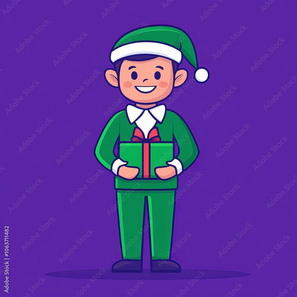A cheerful cartoon elf in a green outfit holding a gift. A cheerful cartoon elf in a green outfit holding a gift.