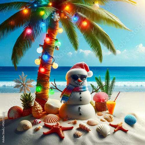 snowman under palm trees bright sun on seashore, christmas in tropics, holiday season