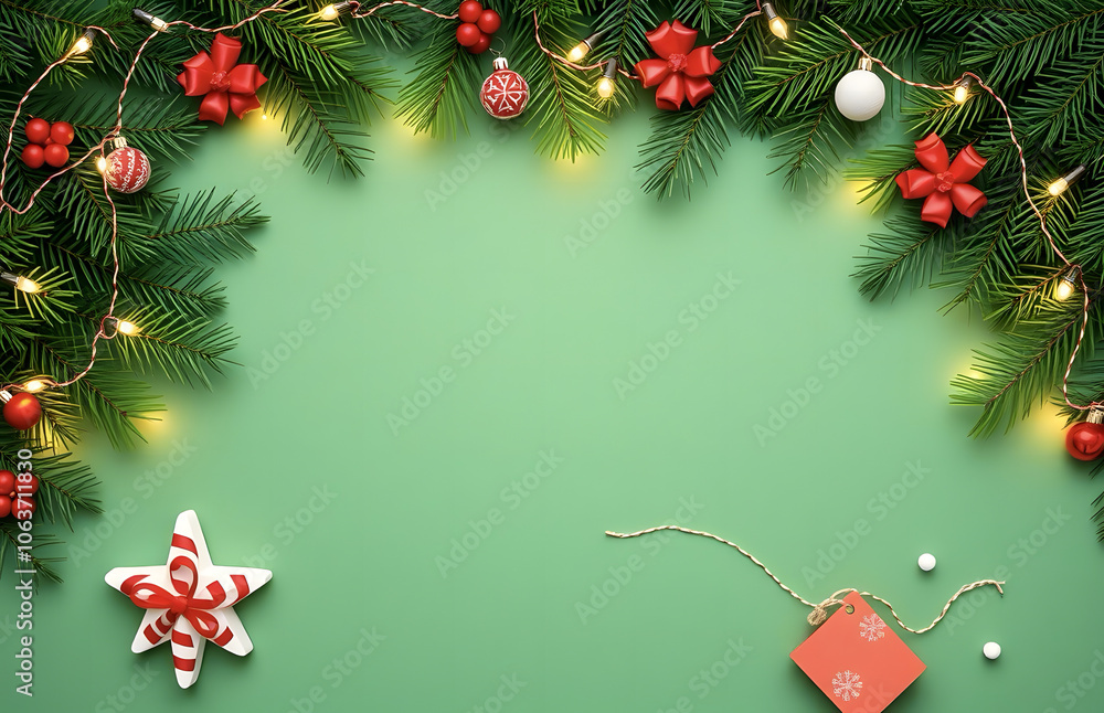 Frame of fir branches, garland with lights and holiday decorations on green wooden background. Christmas and New Year celebration. Winter holidays. Top view, flat lay with space for text. Frame of fir branches, garland with lights and holiday decorations on green wooden background. Christmas and New Year celebration. Winter holidays. Top view, flat lay with space for text.