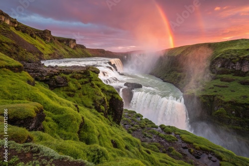Majestic Gulfoss Falls in Lush Icelandic Landscape Surrounded by Natural Wonders and Serenity