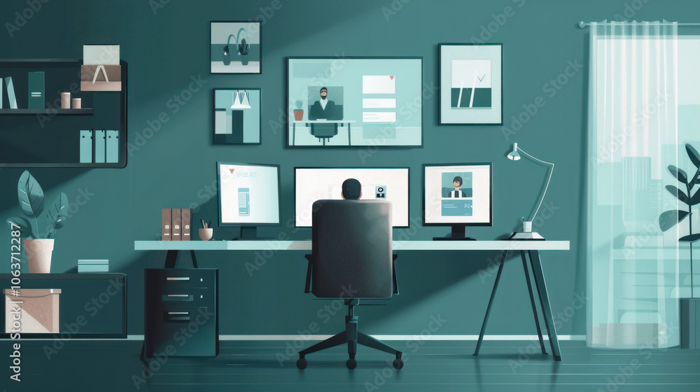 Fototapeta premium A sleek home office setup with modern tech, employees participating in video conferences and virtual team collaboration, representing the efficiency and professionalism of corporate remote work