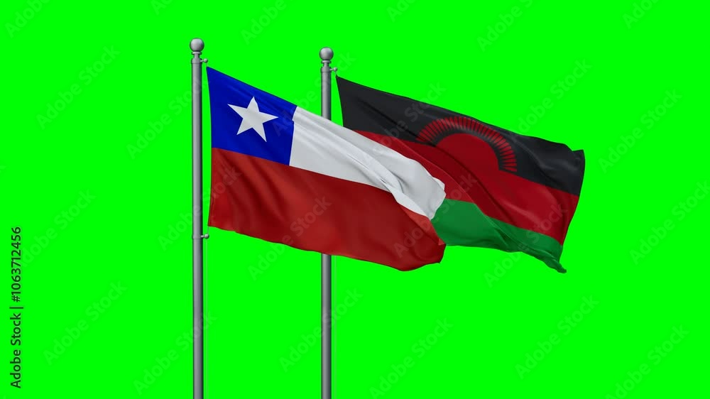 Malawi and Chile flags flying together, video concept of the relationship with colored chroma key for easy background remove Malawi and Chile flags flying together, video concept of the relationship with colored chroma key for easy background remove