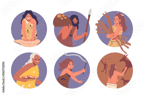 Avatars of Stone Age People Engaged In Gathering, Hunting And Cave Painting Activities Illustrates Prehistoric Life