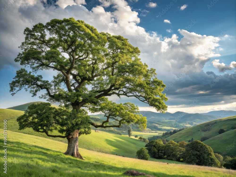 Majestic Oak Tree Illustration in Vibrant Colors Set Against a Bright Sunlit Background Landscape Majestic Oak Tree Illustration in Vibrant Colors Set Against a Bright Sunlit Background Landscape