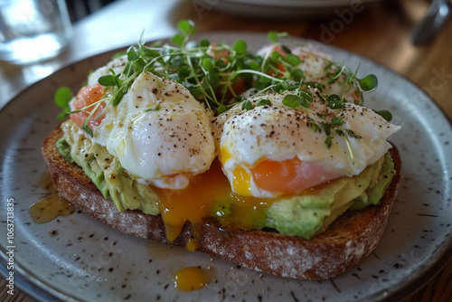 Fresh avocado toast topped with poached eggs and microgreens, showcasing a healthy, modern breakfast.